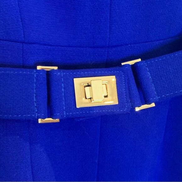Milly Ella Sheath Dress Size 4 Blue Gold Belted Knee Length Career - Picture 5 of 11